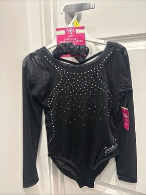 Justice Black Long-Sleeve Girl's Leotard with Sequins and Scrunchie- Size 10